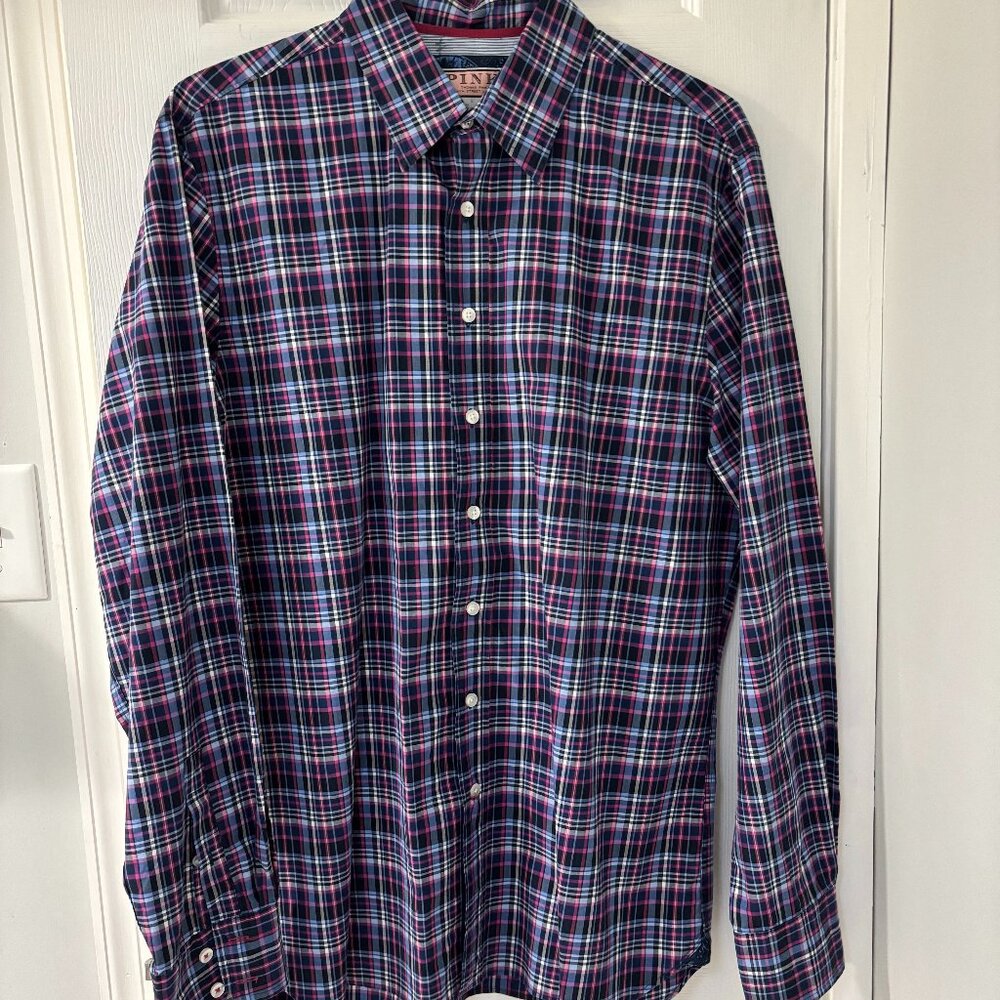 Thomas Pink Blue and Pink Check Print Casual Button Down Shirt Size